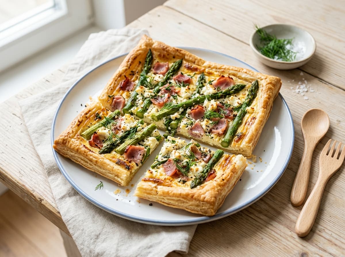 Knusprige Blätterteig-Tarte mit grünem Spargel und Schinken