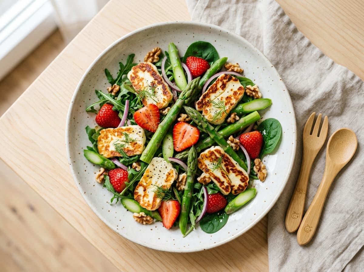 Frühlingshafter Erdbeer-Spargel-Salat mit gebratenem Halloumi