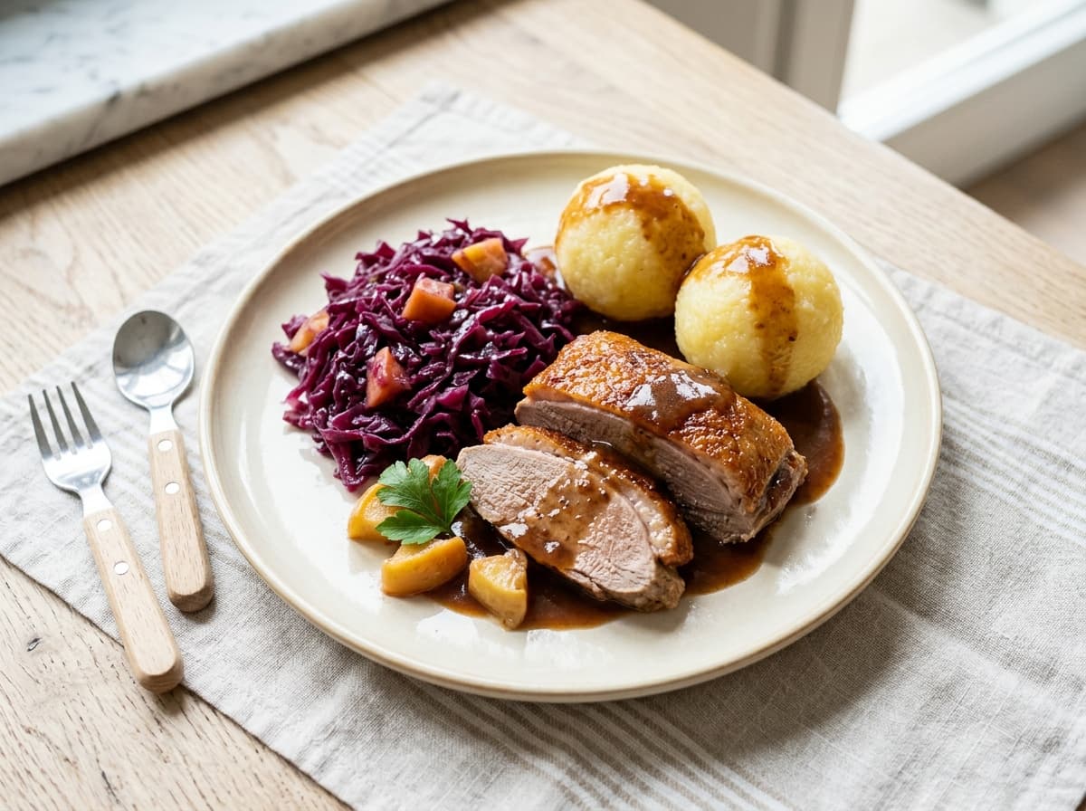 Festliche Gänsebrust mit Apfel-Rotkohl und Kartoffelklößen