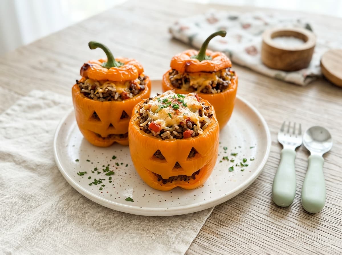 Gruselige Halloween-Paprika gefüllt mit würzigem Hackfleisch