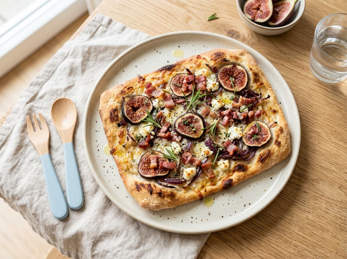 Herbstlicher Flammkuchen mit Feigen, Speck und Ziegenkäse