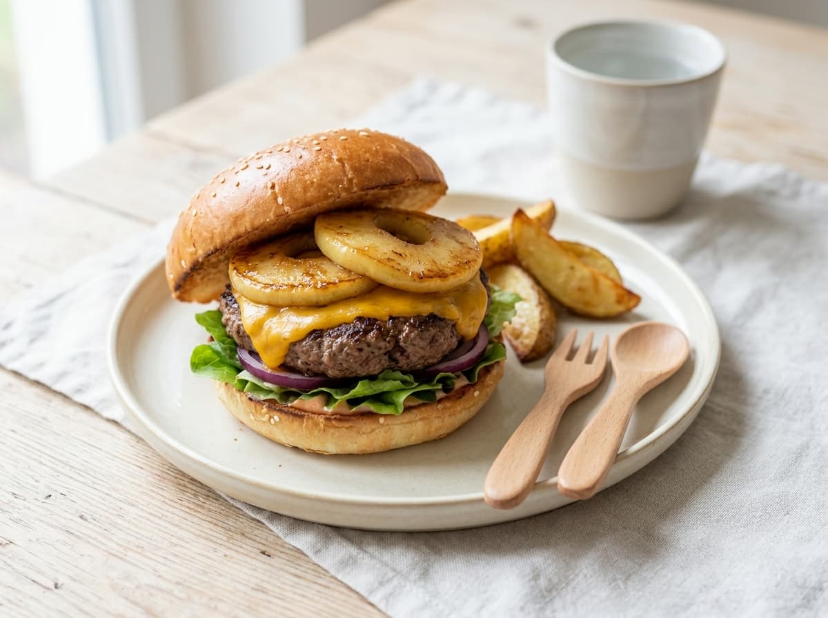 Herbstlicher Burger mit Rindfleisch, Cheddar und Apfelringen