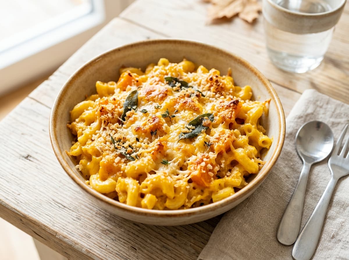 Herbstliche Kürbis Mac and Cheese mit knusprigem Käse Topping