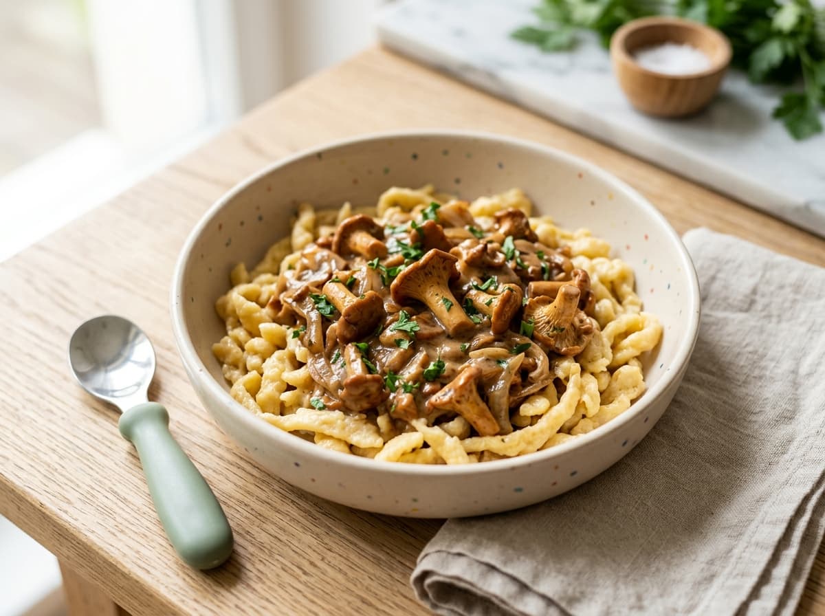 Cremige Pfifferling-Rahmsoße mit frischen Eierspätzle für Kinder