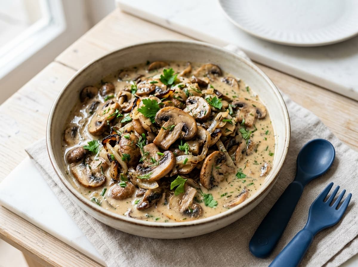 Hausgemachte Weihnachtsmarkt-Champignonpfanne mit milder Knoblauchsoße