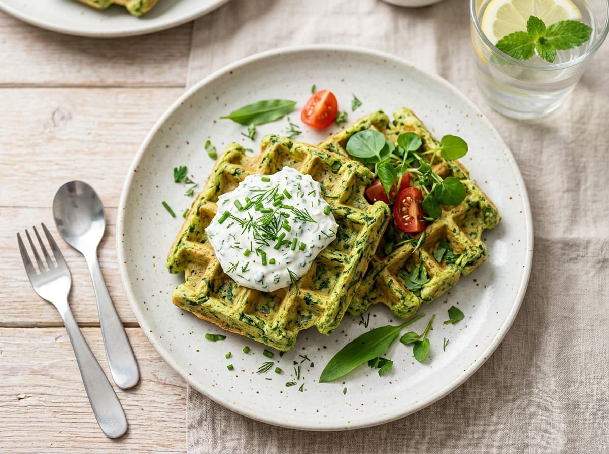 Grüne Frühlings-Spinat-Waffeln mit mildem Kräuterquark