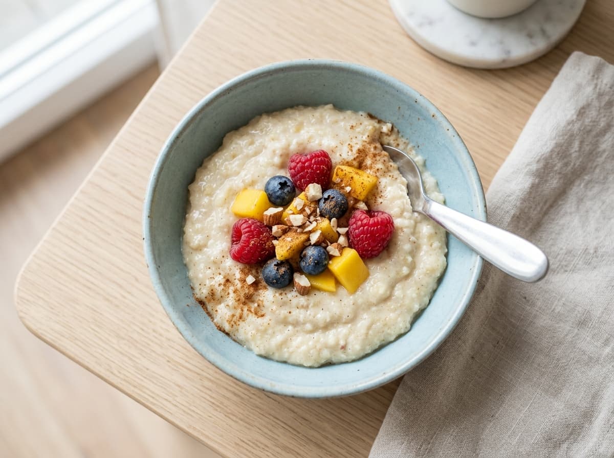 Frühlingshafter Grießbrei mit Rhabarber und Erdbeeren für Kinder