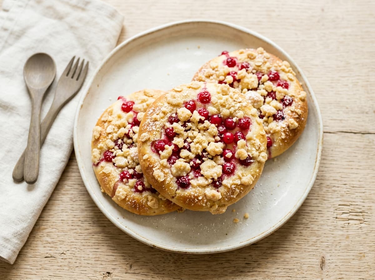 Sommerliche Johannisbeer-Streuseltaler aus Quark-Öl-Teig