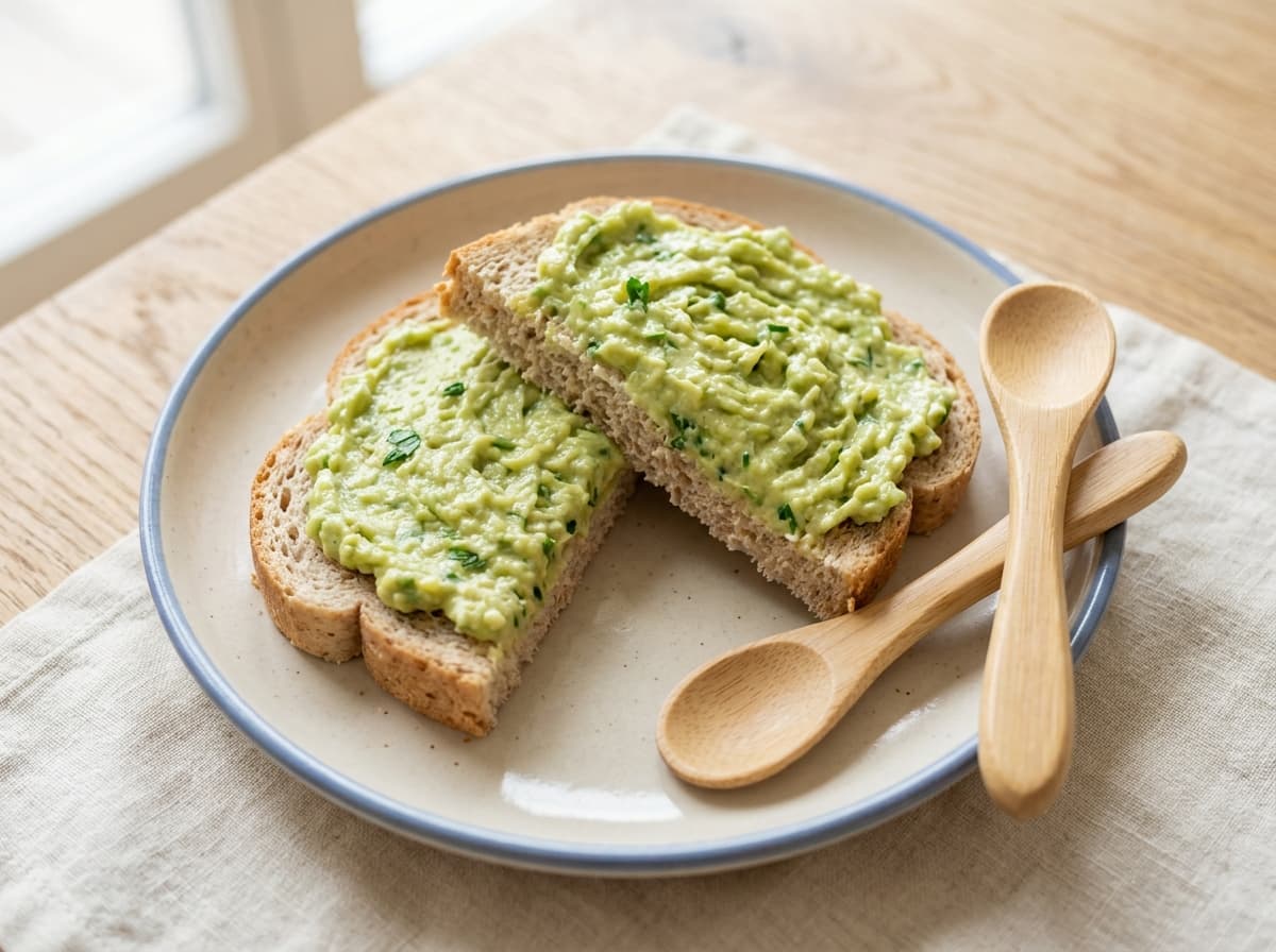 Milder Avocado-Aufstrich auf weichem Dinkelbrot für Kleinkinder