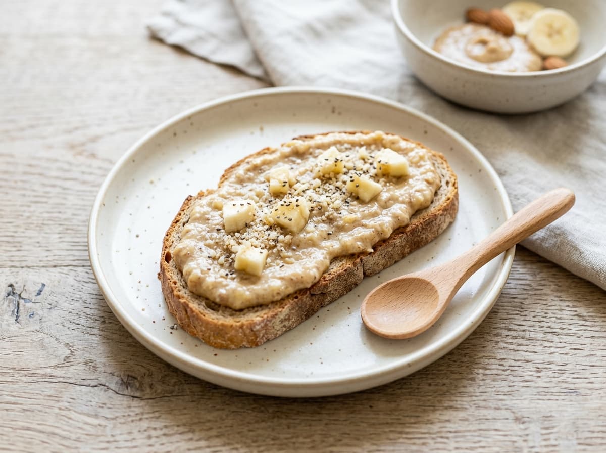 Milder Mandelmus-Bananen-Aufstrich auf Dinkelbrot