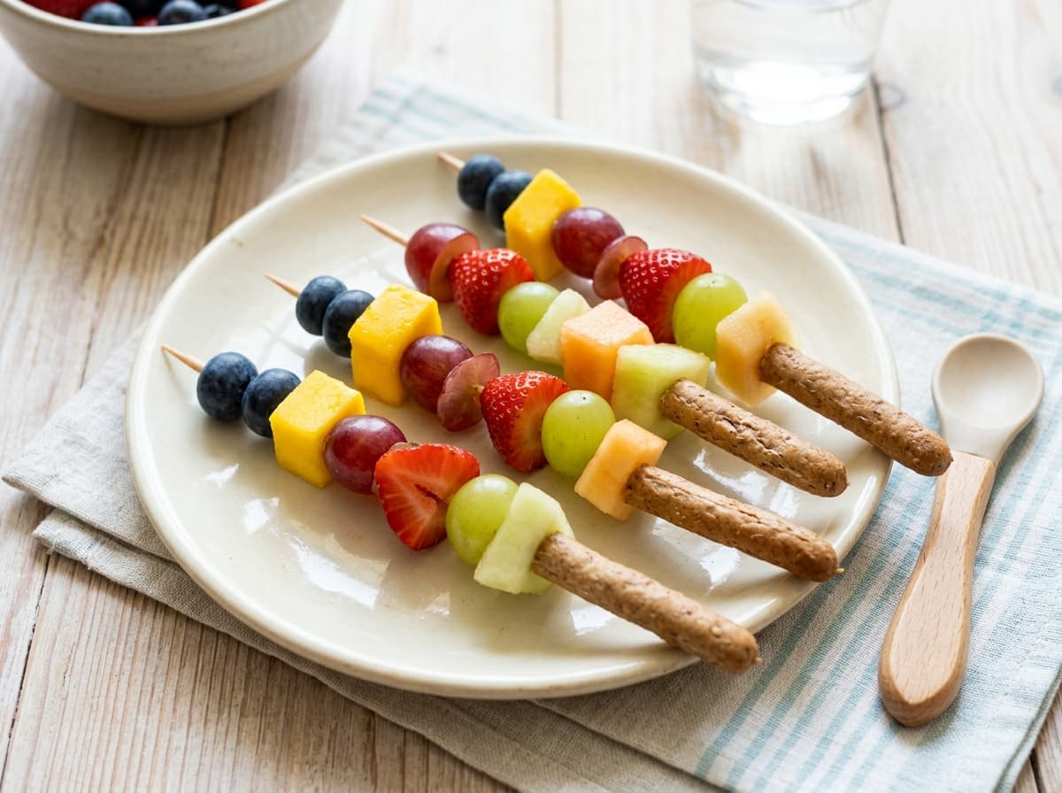 Bunte Obstspieße auf Dinkelstangen: Ein sicherer Snack