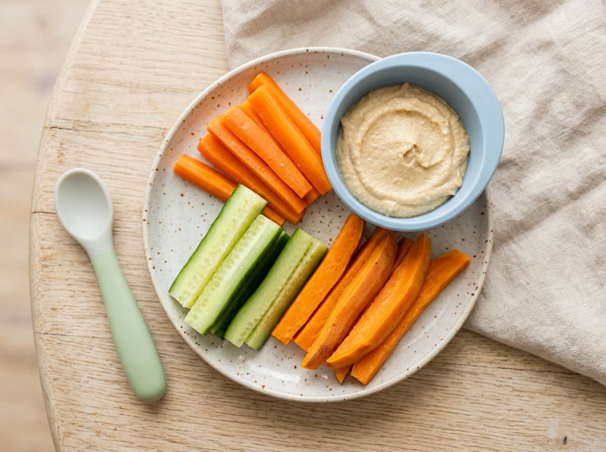 Cremiger Rote-Bete-Hummus mit weichen Gurkensticks