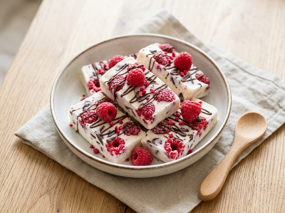 Erfrischende Frozen Joghurt Riegel mit Himbeeren und Schokolade