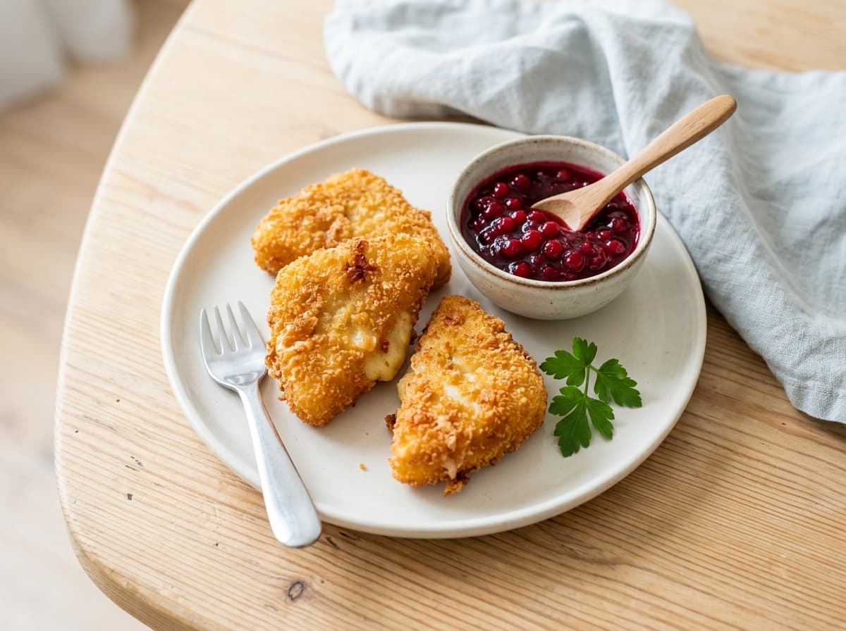 Knusprig gebackene Camembert-Ecken mit Preiselbeerdip