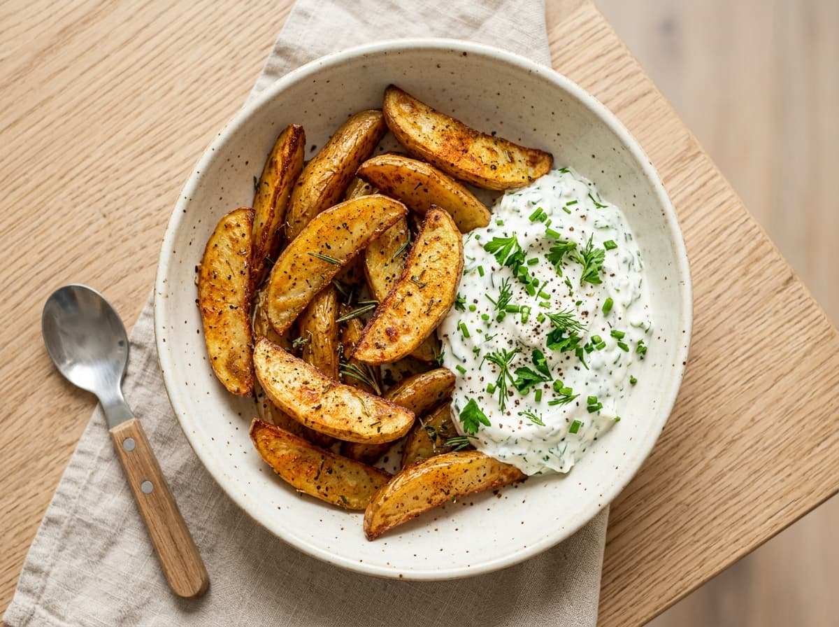Würzige Ofen-Kartoffelspalten mit cremigem Kräuterquark