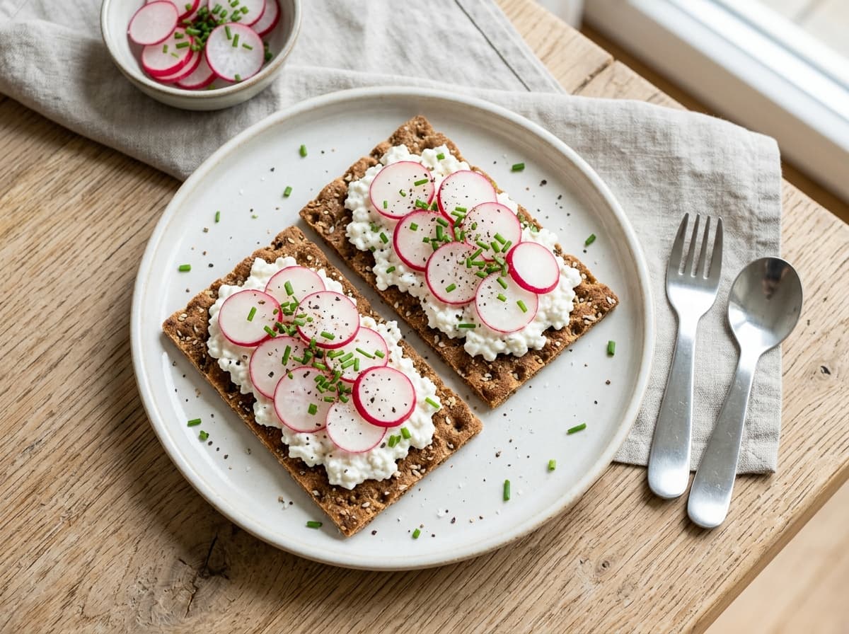 Knuspriges Knäckebrot mit körnigem Frischkäse und Radieschen