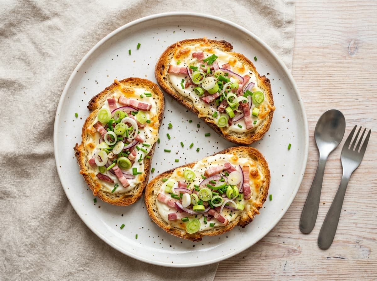 Knusprige Flammkuchen-Toasts mit Schmand und Lauchzwiebeln