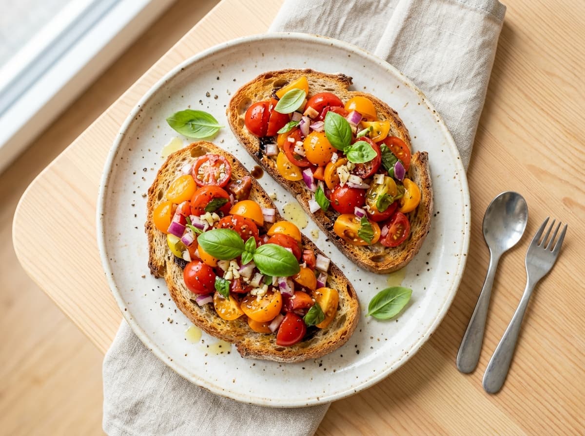 Knusprige Tomaten-Bruschetta auf geröstetem Bauernbrot