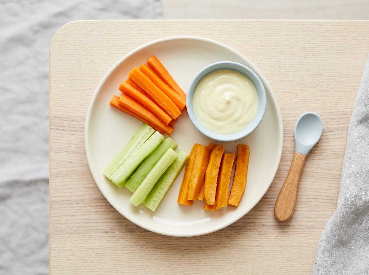 Bunte Gemüsesticks mit mildem Möhren-Hummus