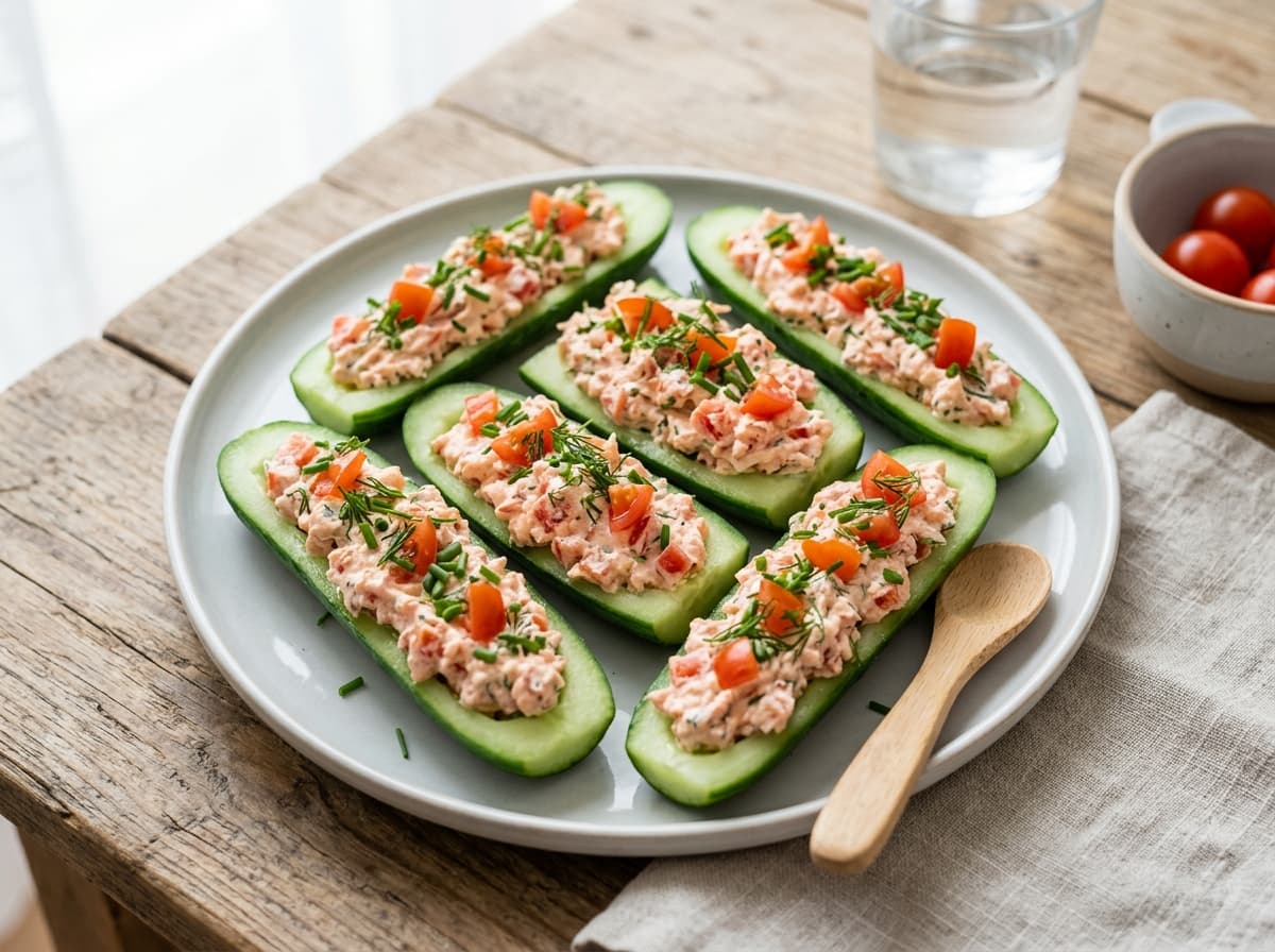 Frische Gurkenschiffchen mit Tomatenfrischkäse
