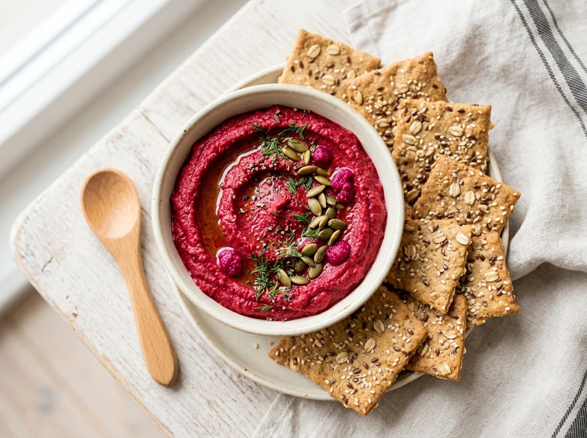 Bunter Rote-Bete-Hummus mit Dinkel-Crackern