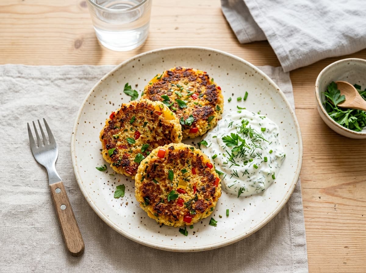Milde Couscous-Bratlinge mit feingehackter Paprika und Kräuterquark