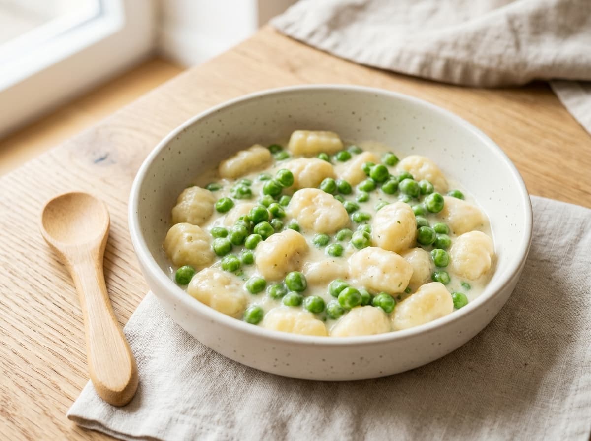 Weiche Gnocchi mit Erbsen in milder Rahmsoße für Kleinkinder