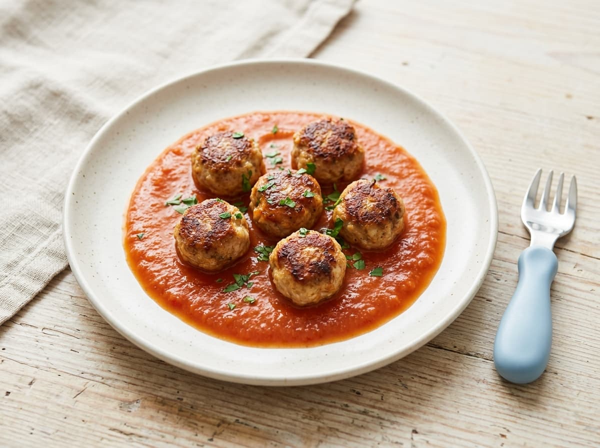 Kleine Hähnchen-Apfel-Frikadellen mit Kartoffelstampf