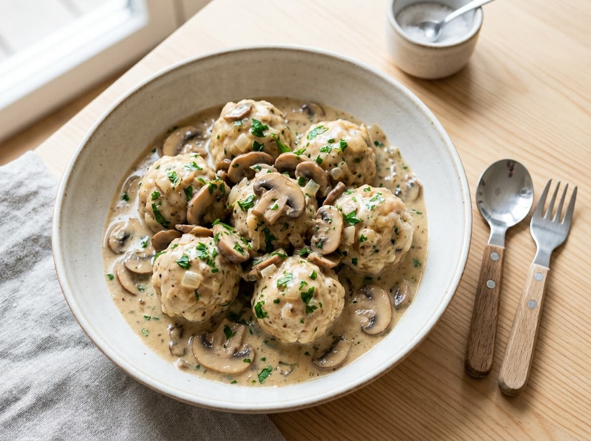 Kleine Semmelknödelchen in milder Champignon-Rahmsoße