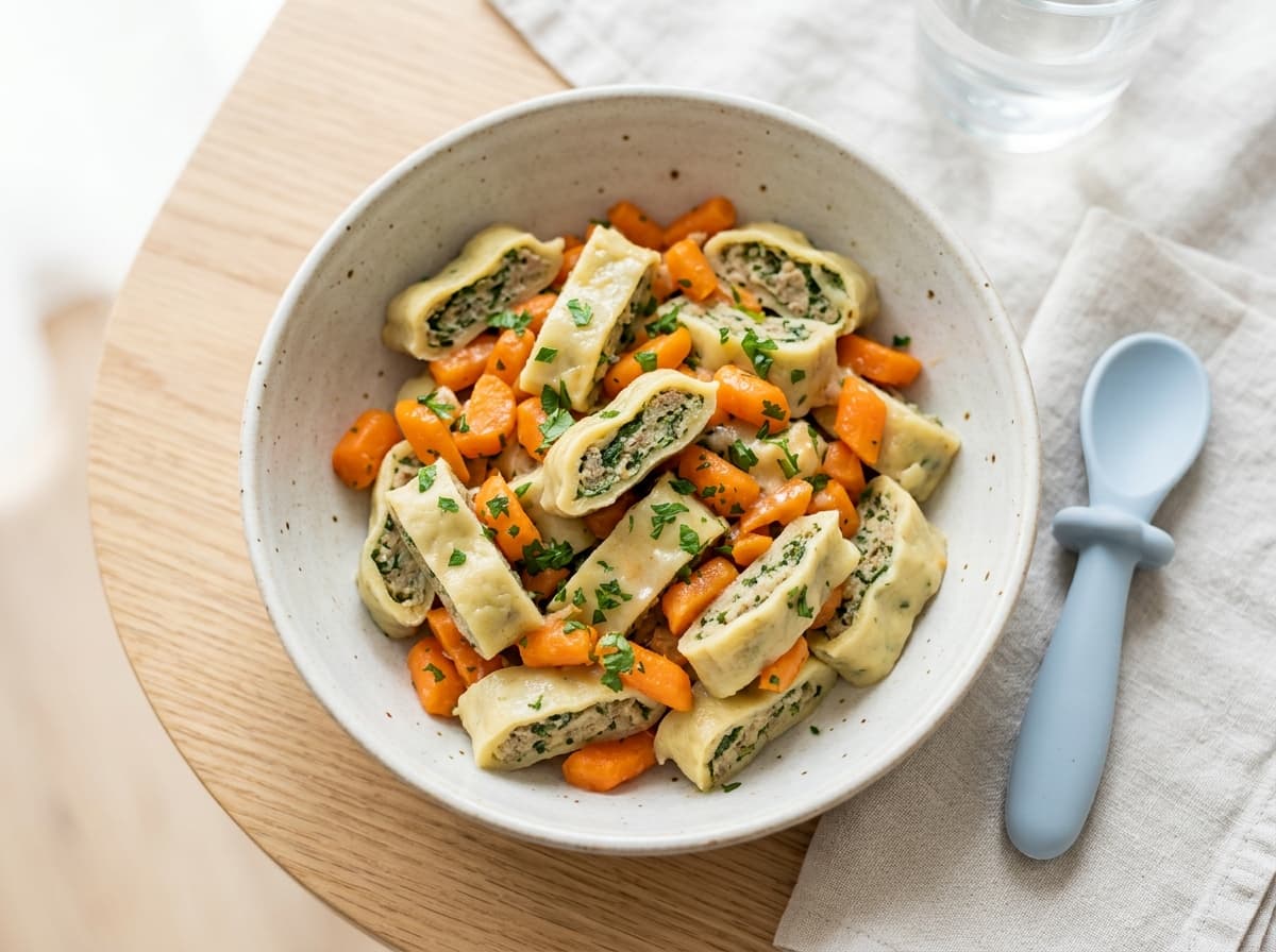 Milde Maultaschen-Streifen mit weichem Karottengemüse für Kleinkinder