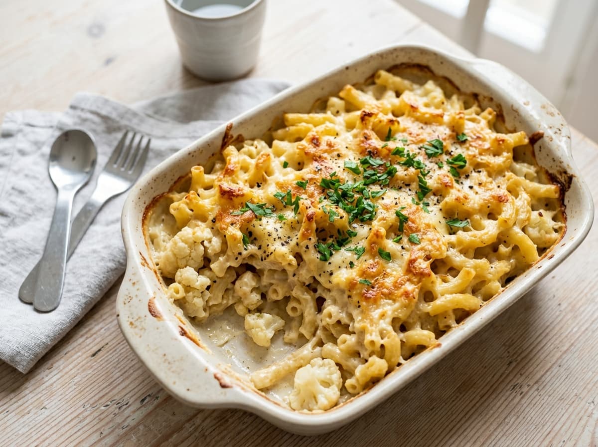 Milder Makkaroni-Auflauf mit cremiger Blumenkohl-Käsesoße