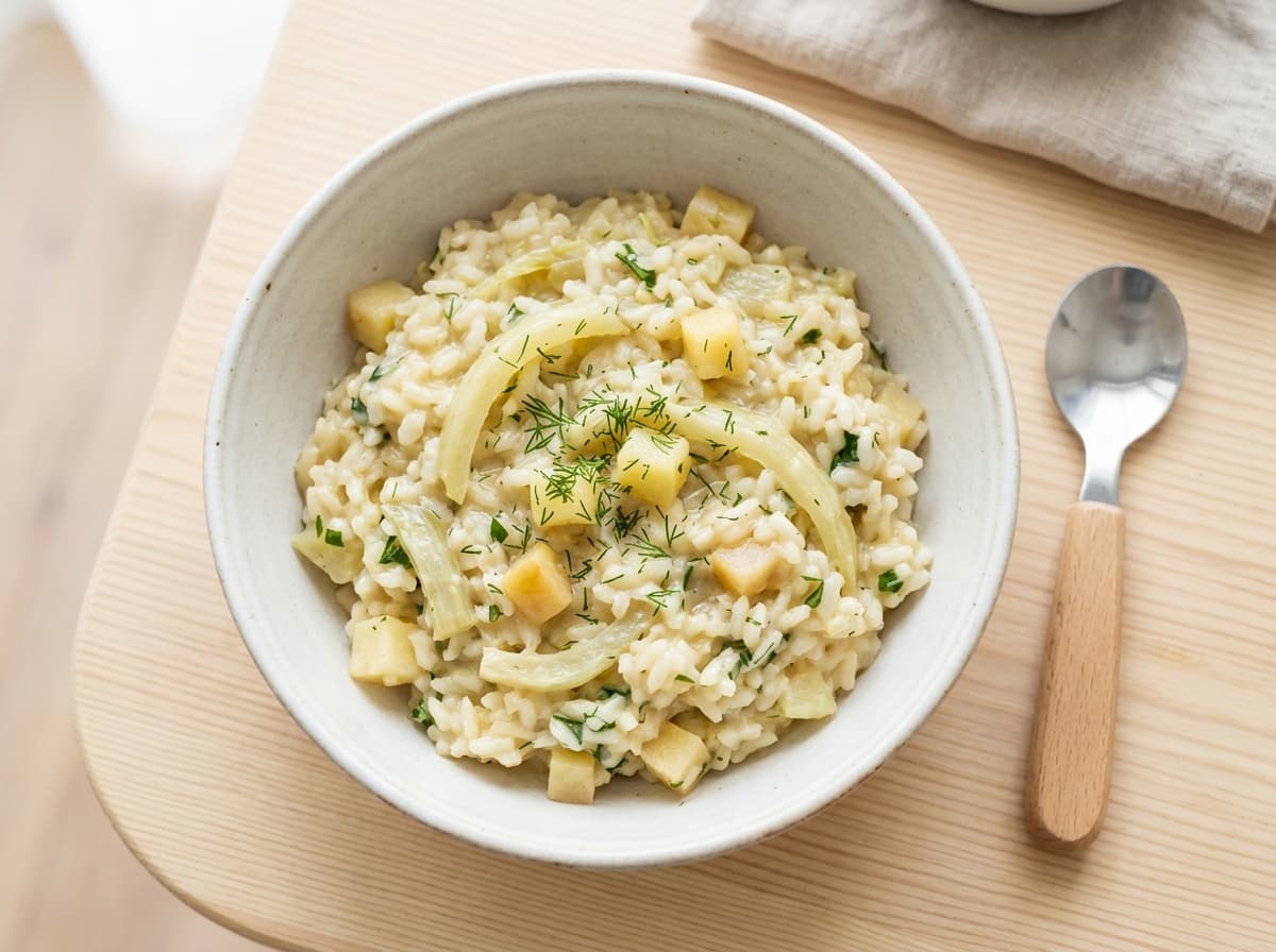 Mildes Fenchel-Risotto mit weichen Apfelstückchen