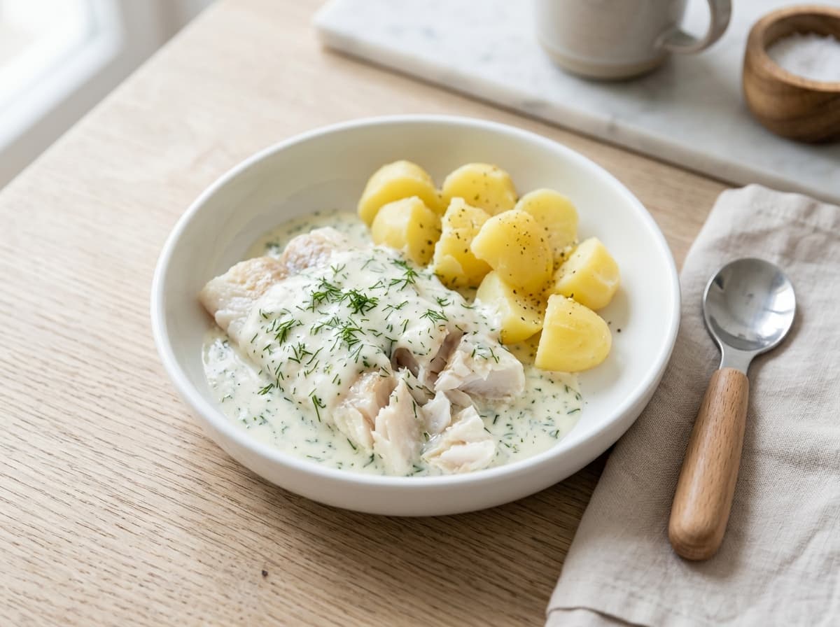 Weicher Seelachs in milder Dillsauce mit Salzkartoffeln für Kleinkinder